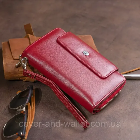 Женский компактный кошелек клатч бордового цвета из натуральной кожи ST Leather Киев