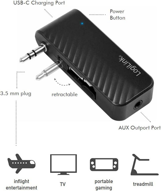 Bluetooth передатчик LogiLink BT0061 5.1 с AUX выходом для проводных наушников и авиационным плагом черный Киев - изображение 6