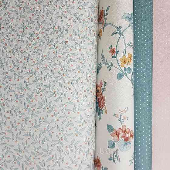 Шпалери вінілові на флізелін 0.53х10.05 м Rasch Textil Petite Fleur 5 гілки маленькі блакитні квіти на білому Київ