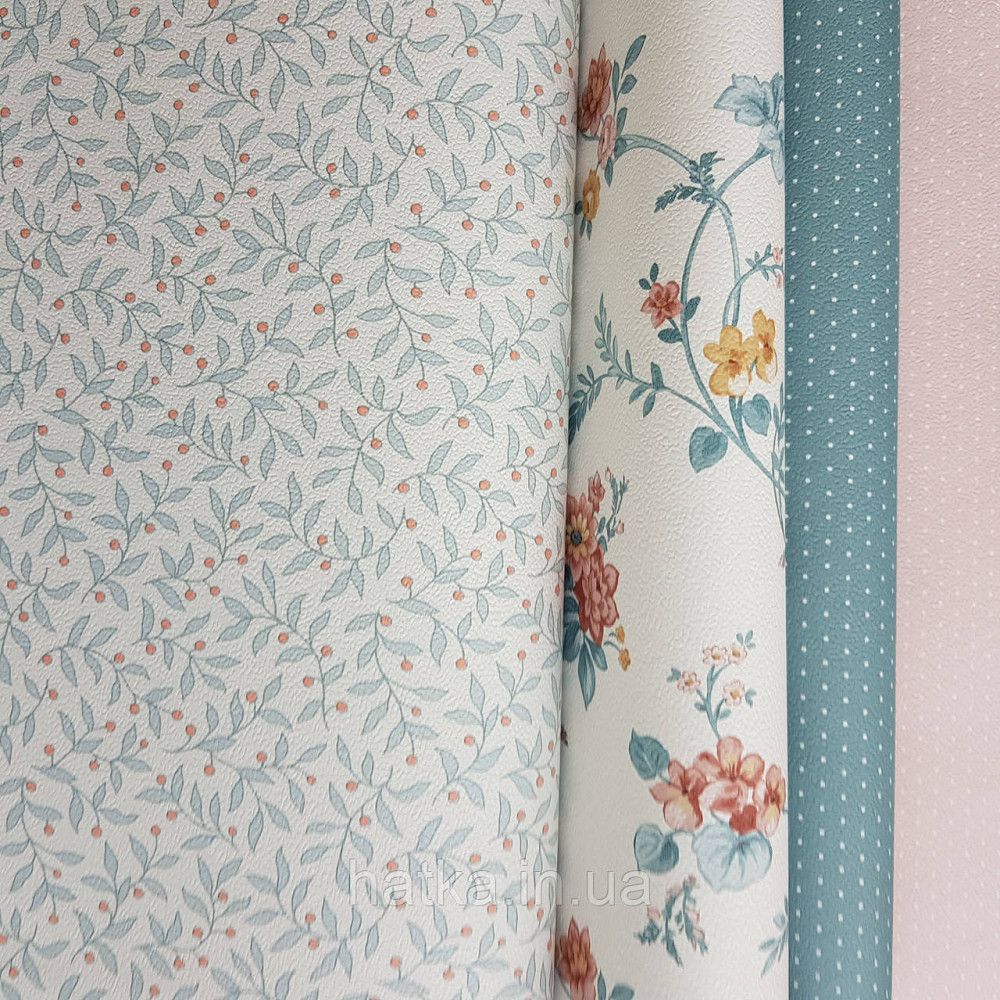 Шпалери вінілові на флізелін 0.53х10.05 м Rasch Textil Petite Fleur 5 гілки маленькі блакитні квіти на білому Київ - фото 3