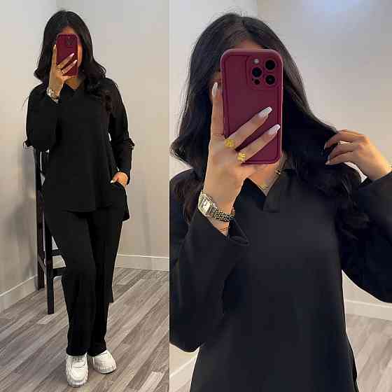 Жіночий стильний повсякденний костюм з V-вирізом двонитка Чорний, 64/66 Одеса