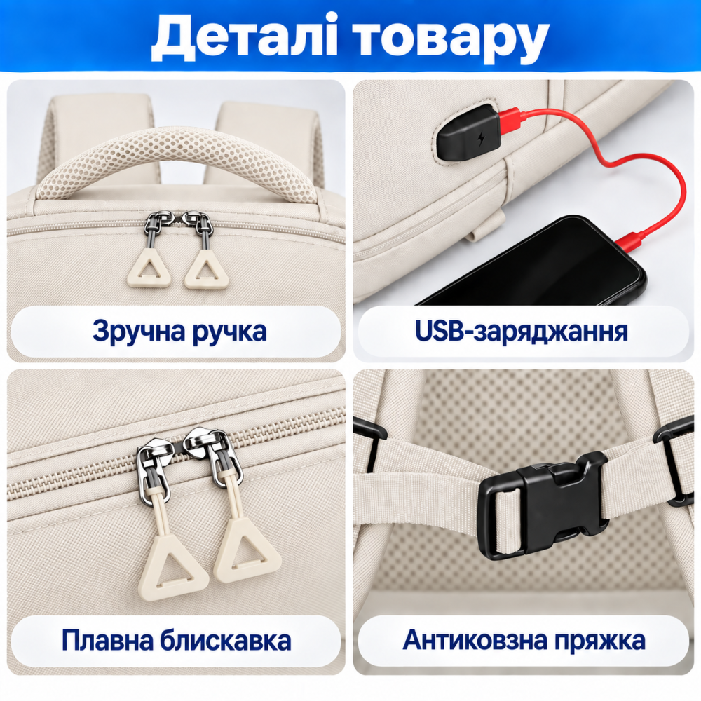 Рюкзак дорожный для ноутбука и аксессуаров для путешествий городской влагоcтойкий 40х20х30 см,бежевый Каменец-Подольский - изображение 8