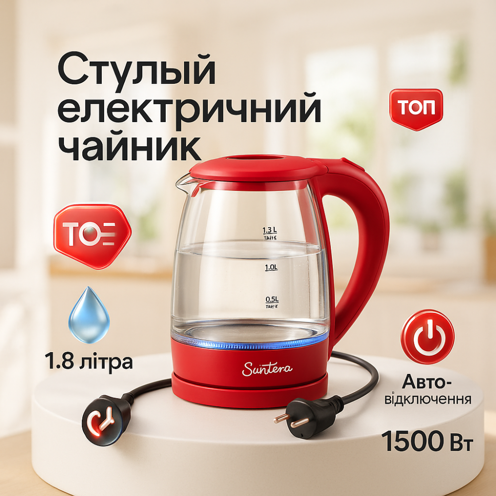 Чайник електрический для дома Suntera EKB-322R 1500 Вт, Чайник электро подсветка, Премиум электрочайник SI-66 Львов - изображение 10