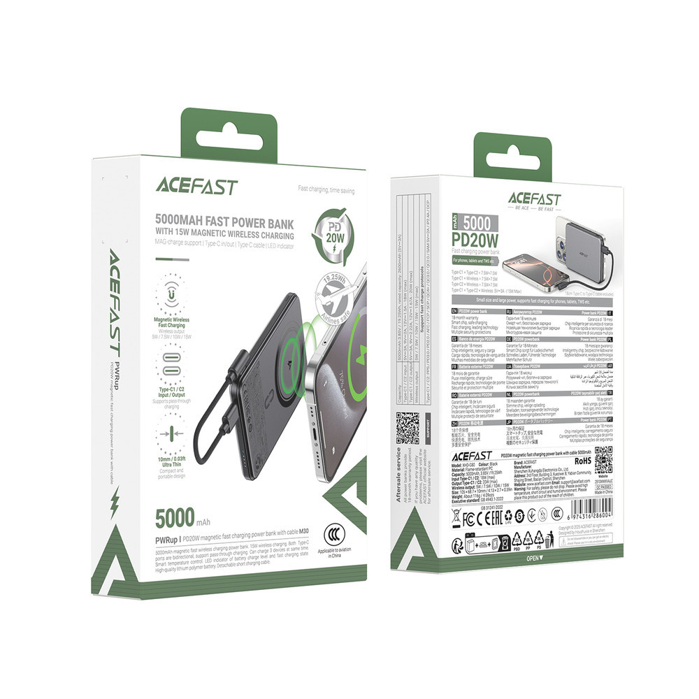 Павербанк 5000 mAh ACEFAST M30-5000 PD20W швидка зарядка магнітний кабель у комплекті чорний power bank повербанк Одеса - фото 2