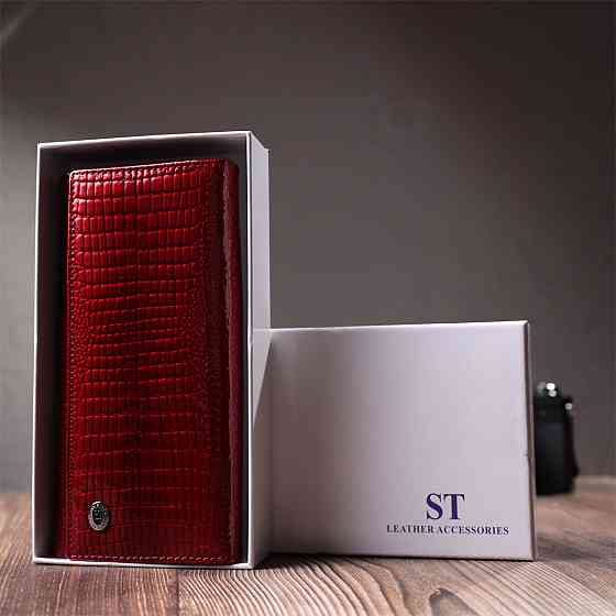Шкіряний лакований гаманець з блоком для кредитних карток Червоний (ST Leather) Київ