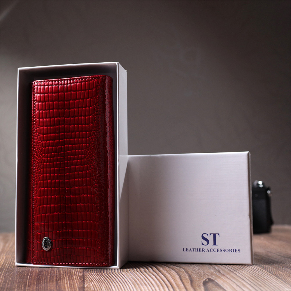 Шкіряний лакований гаманець з блоком для кредитних карток Червоний (ST Leather) Київ - фото 4