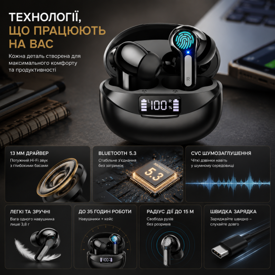 Беспроводные наушники Bluetooth 5.3 Hi-Fi, 13 мм, CVC, до 35 часов работы, 15 м, 3,8 г, быстрая зарядка, LED-дисплей Киев