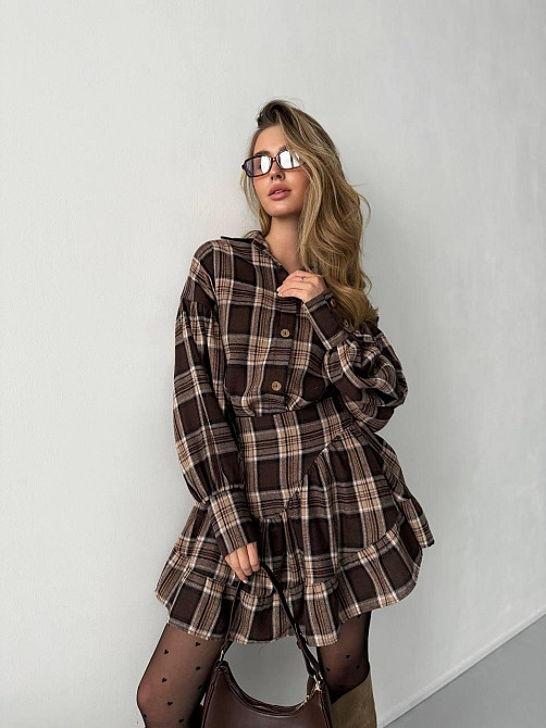 Жіночий стильний костюм-двійка: сорочка та спідниця в карту тіар Шоколадний, 42/44 Одеса - фото 6