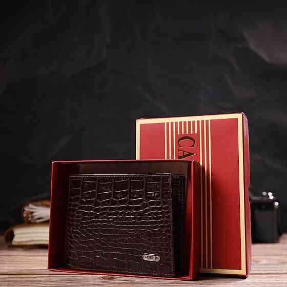 Чоловічий гаманець без застібки з натуральної шкіри з тисненням під крокодила Коричневий (CANPELLINI) Київ