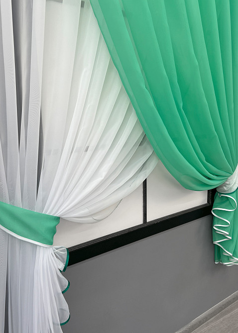 Кухонні шторки VR-Textil № 060к "Дует" з підв'язками м'ятний з білим 330х170 см (50-954) Київ - фото 9