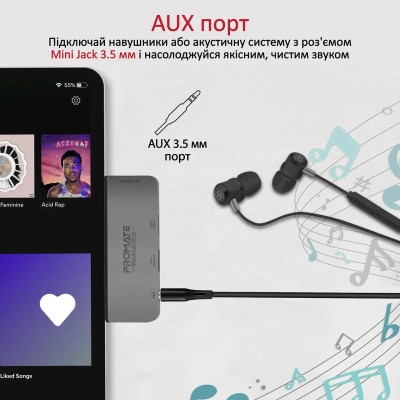 Концентратор Promate USB Hub 4 ports padhub-pro.grey (padhub-pro.grey) Винница - изображение 6