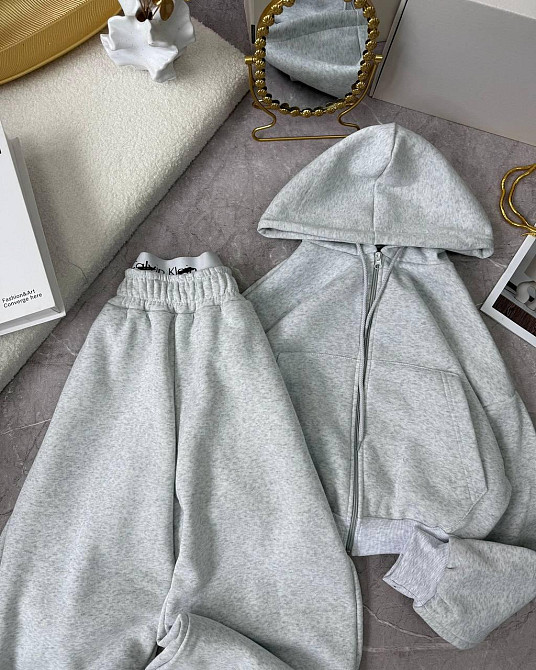 Женский утепленный прогулочный костюм двойка в спортивном стиле трехнить на флисе Серый меланж, 42/44 Одесса - изображение 3