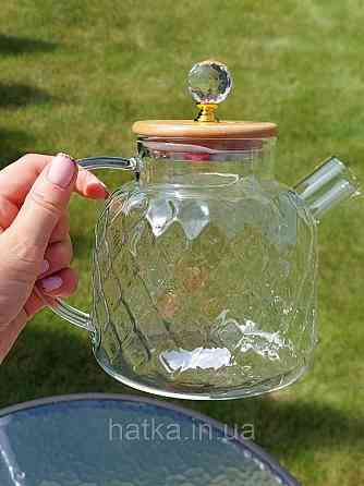 Чайник заварювальний Olens "Ромбус" 1000 мл скляний із бамбуковою кришкою для дому та ресторану Київ