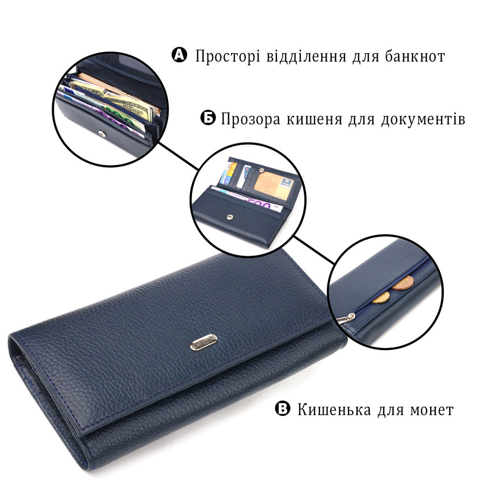 Практичный женский кошелек из натуральной зернистой кожи CANPELLINI 21659 Синий Киев - изображение 7
