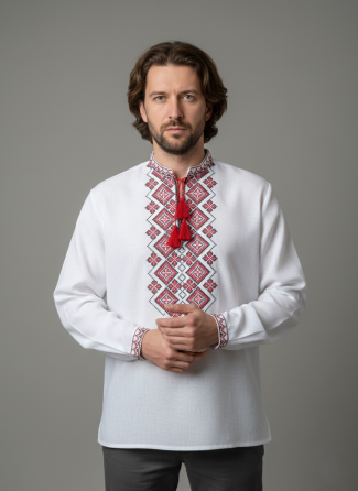 Чоловіча сорочка-вишиванка у святковому стилі на білому полотні. Київ