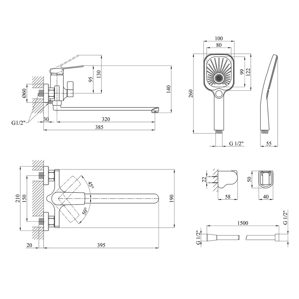 Смеситель для ванны Kroner KRP Makon-GRP070 с душевым гарнитуром графит Киев - изображение 9
