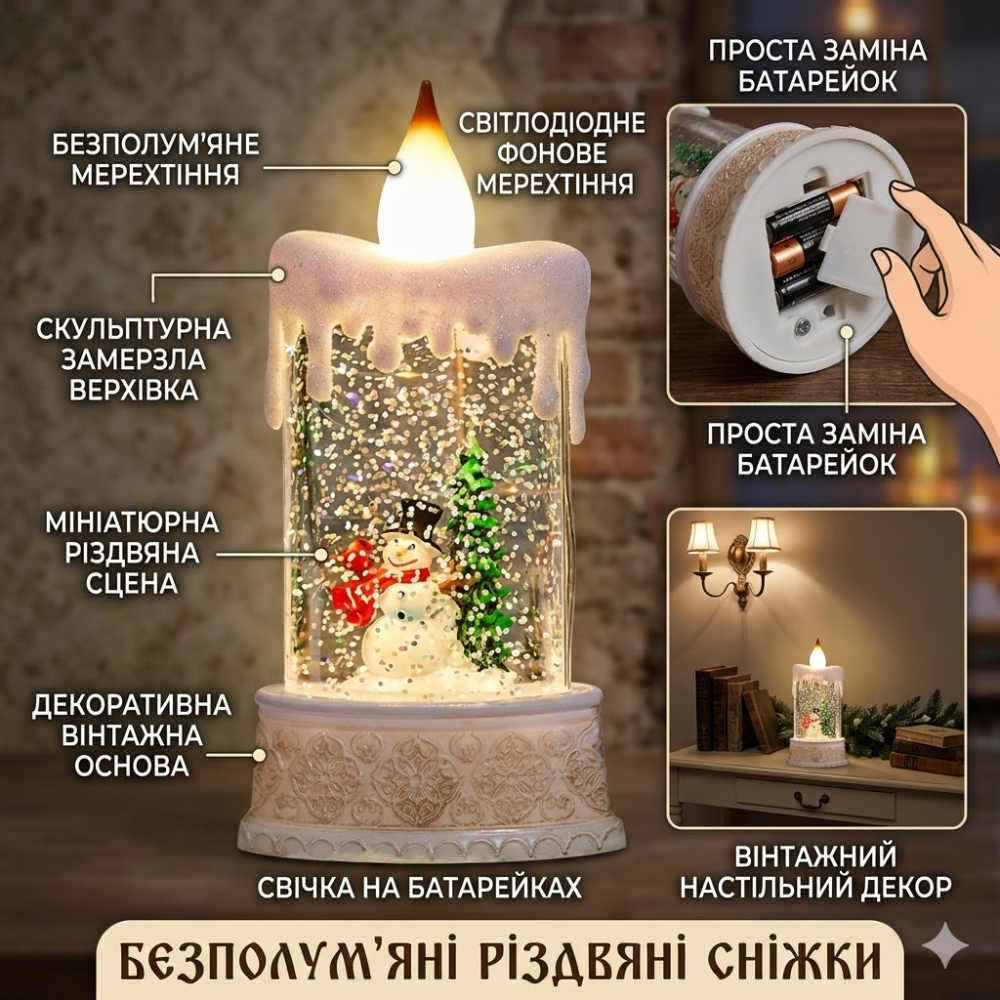 Вінтажна LED свічка зі снігопадом, декоративний різдвяний ліхтар зі сніговиком, тепле біле світло, на батарейках, новорічний декор Київ - фото 1