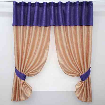Кухонные шторы VR-Textil № 073к с ламбрекеном и подхватами персиковый с фиолетовым 270х170 см (52-0139) Киев