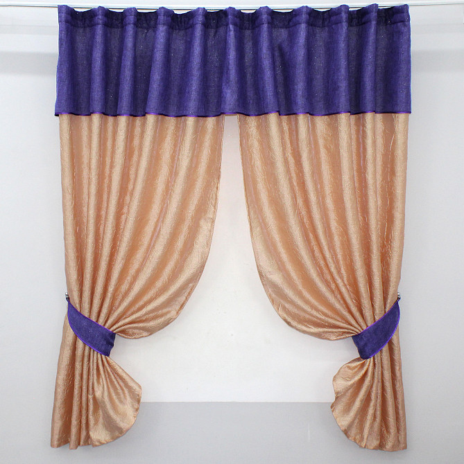 Кухонные шторы VR-Textil № 073к с ламбрекеном и подхватами персиковый с фиолетовым 270х170 см (52-0139) Киев - изображение 1