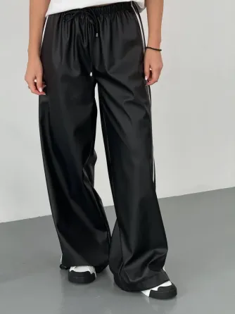 Женские теплые кожаные штаны с лампасами на флисе снизу с затяжками на флисе Харьков