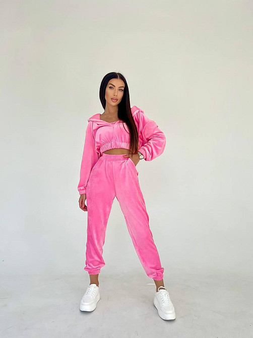Женский плюшевый прогулочный костюм тройка: кофта топ и штаны велюр плюш 44/46, Розовый Одесса - изображение 1