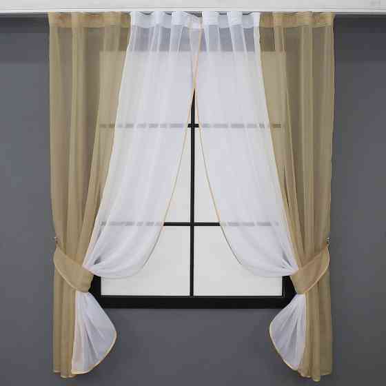 Кухонні штори VR-Textil № 017к комбіновані з підв'язками темно-бежевий з білим 265х170 см (50-658) Київ