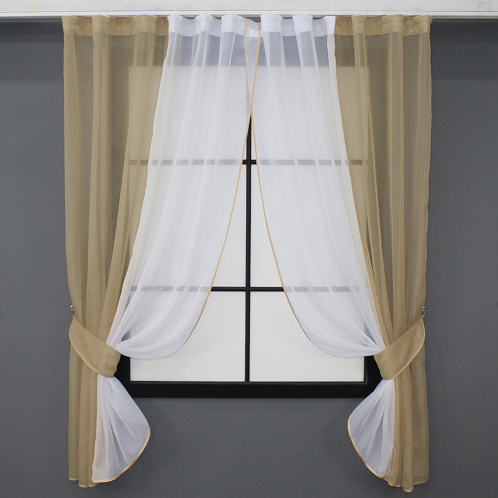 Кухонні штори VR-Textil № 017к комбіновані з підв'язками темно-бежевий з білим 265х170 см (50-658) Київ - фото 1