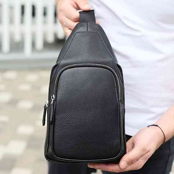 Чоловіча сумка з натуральної шкіри 18х31х7, бананка через плече Tiding Bag 34091 чорна Київ