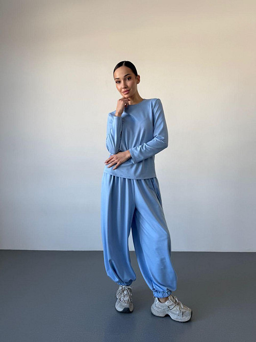 Жіночий повсякденний прогулянковий костюм-двійка: кофта та штани турецька двонитка Блакитний, 46/48 Одеса - фото 3