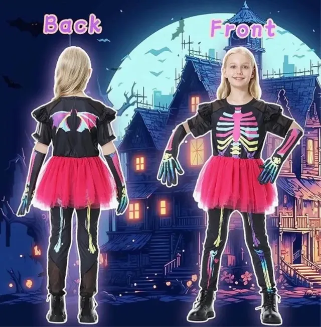 Костюм скелета для девочки 110см комбинезон с принтом костей, розовой юбкой перчатками палочкой для Хэллоуина. Киев - изображение 3