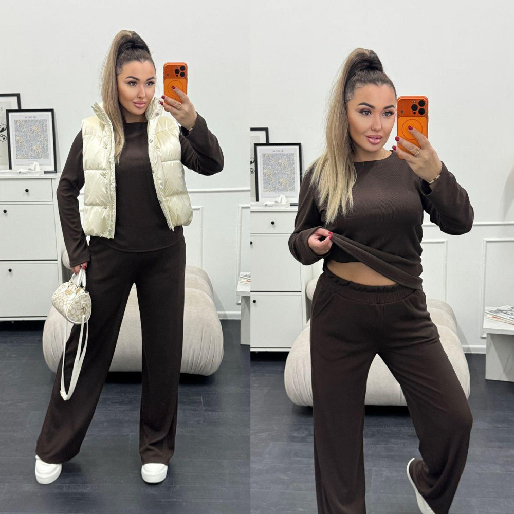 Жіночий базовий костюм-двійка: лонгслів і штани трикотажний рубчик Шоколадний, 40/42 Одеса - фото 9