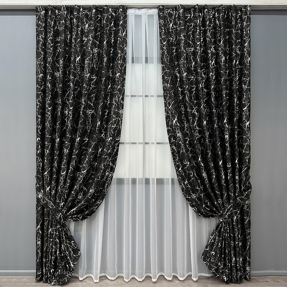 Комплект готовых штор VR-Textil Лен мрамор Royal Touch № 2005ш Черный 200х240 см 2 шт (39-0088) Киев - изображение 2