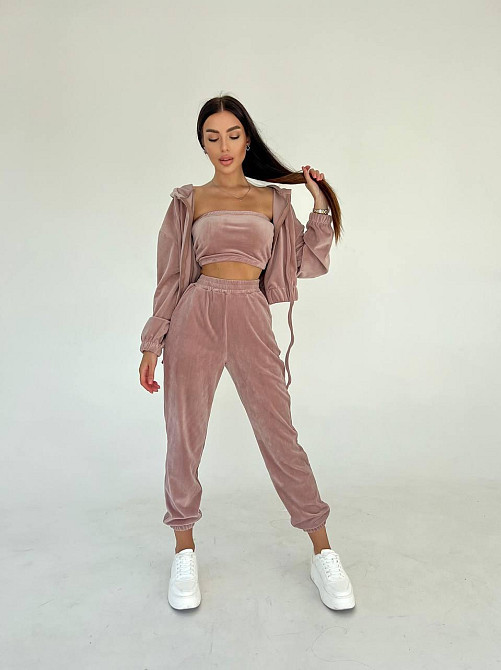 Жіночий плюшевий прогулянковий костюм-трійка: кофта топ і штани велюр плюш Моко, 44/46 Одеса - фото 1