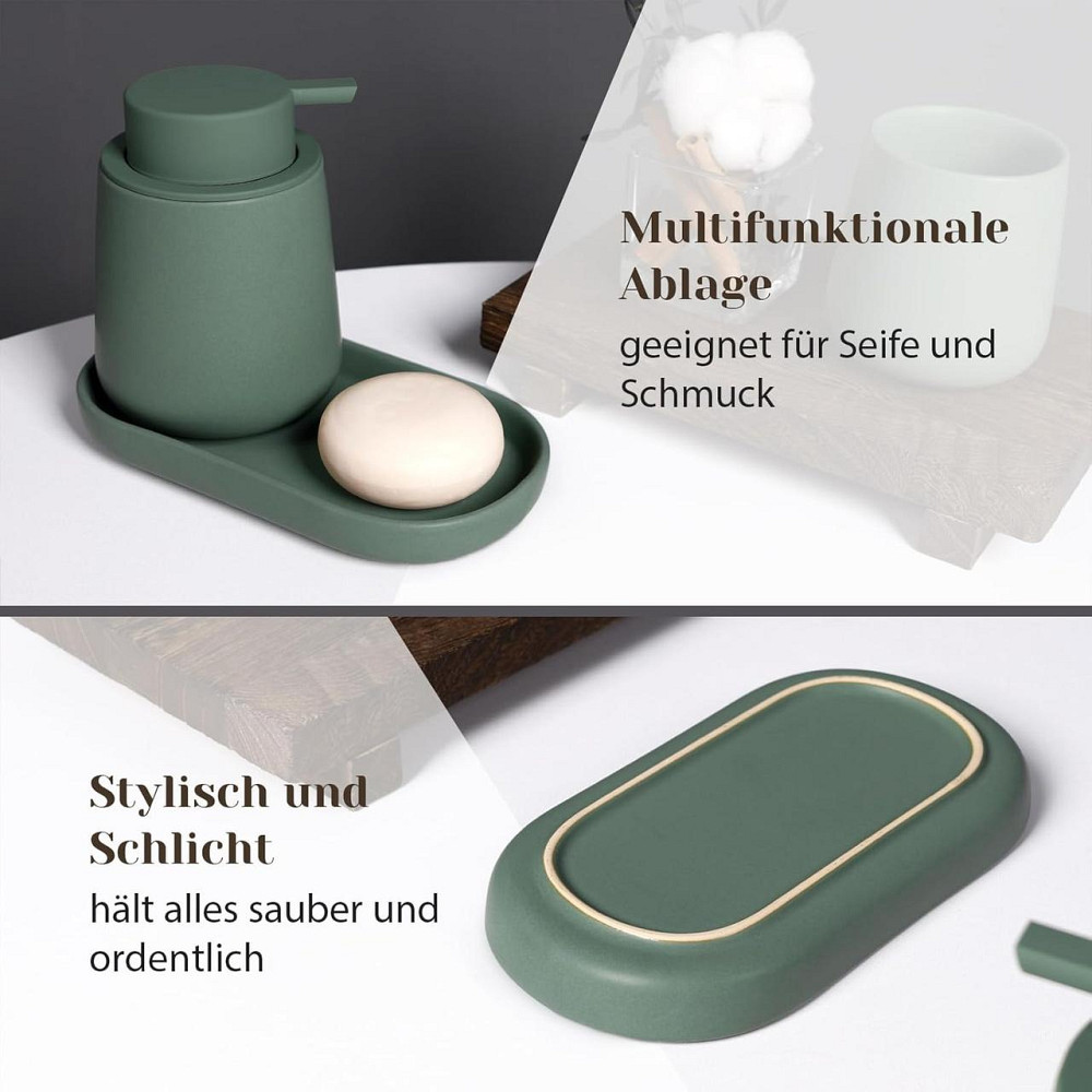 Набір аксесуарів для ванної 3 шт дозатор для мила 350 мл, стакан для щіток 320 мл, підставка для прикрас, зелений, кераміка Київ - фото 4
