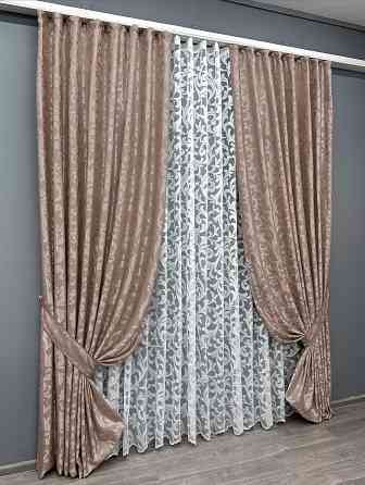 Комплект штор VR-Textil Жакард Вензель 150х270 2шт і Тюль 500х270 090ш-1147т Пудровий з білим 71-096/4 Київ