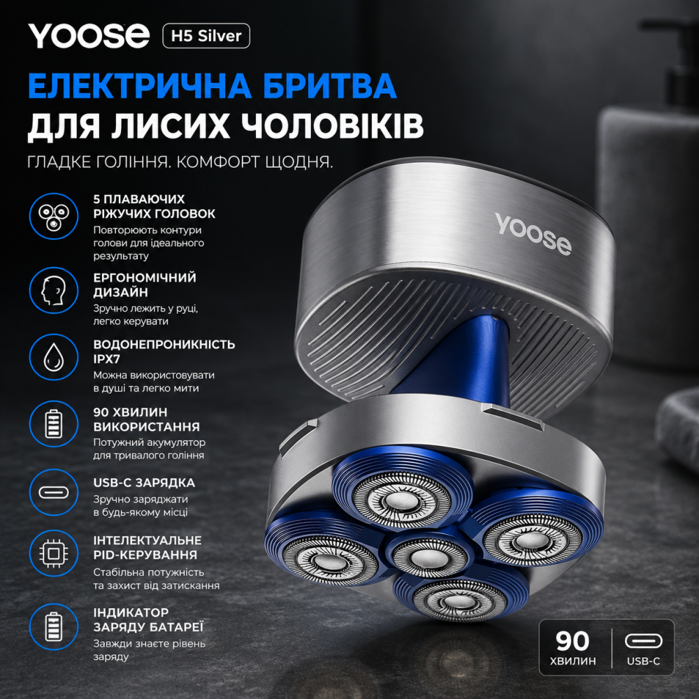 Уценка Электрическая бритва для головы Yoose H5 Silver мужская роторная бритва для лысых 5 плавающих головок IPX7 серая Киев - изображение 1