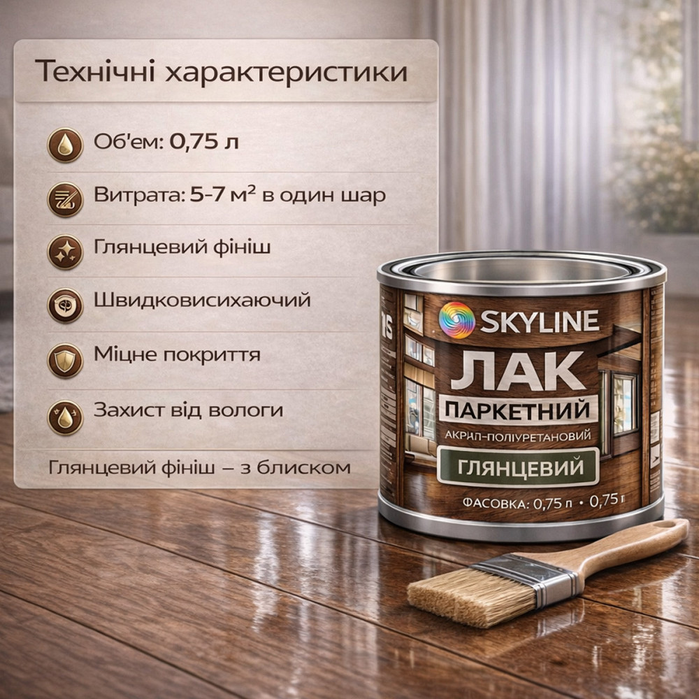 Лак для підлоги глянцевий Skyline паркетний, акрил-поліуретановий, водний, зносостійкий, без запаху, 750 мл Харків - фото 10