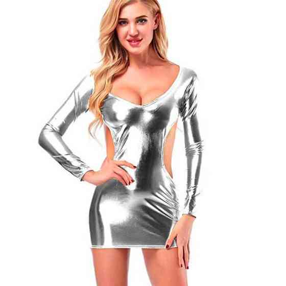 Сексуальна блискуча міні-сукня зі шкірозамінника - XS/S - Срібло Вінниця