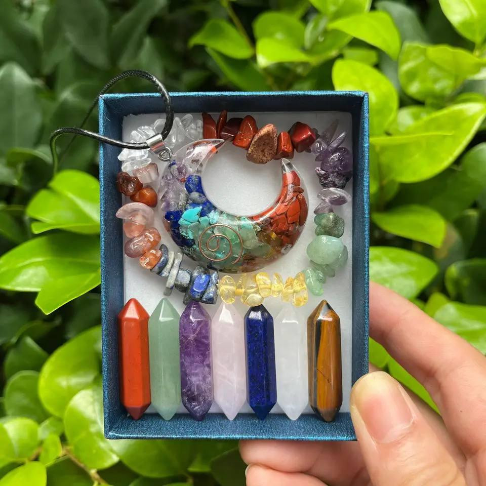 Подарочный набор натуральных кристаллов 7 чакр + ожерелье с подвеской + браслет 7 чакр. Киев - изображение 2