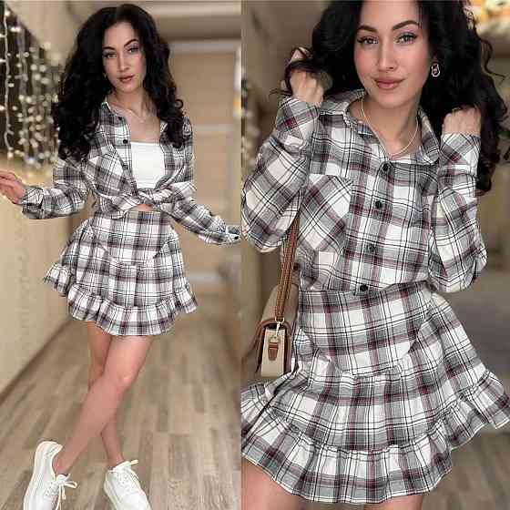 Жіночий стильний костюм-двійка: сорочка та спідниця в клітинку бавовна тіар Сірий, 42/44 Одеса