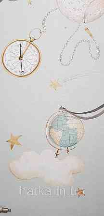 Шпалери флізелінові еко Rasch Kids World II 0.53х10 дитячі карти глобуса компаси літаки зірки на блакитному Київ
