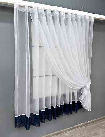 Кухонные шторки VR-Textil № 101к с подвязками белый с синим 310х170 см (52-1181) Киев