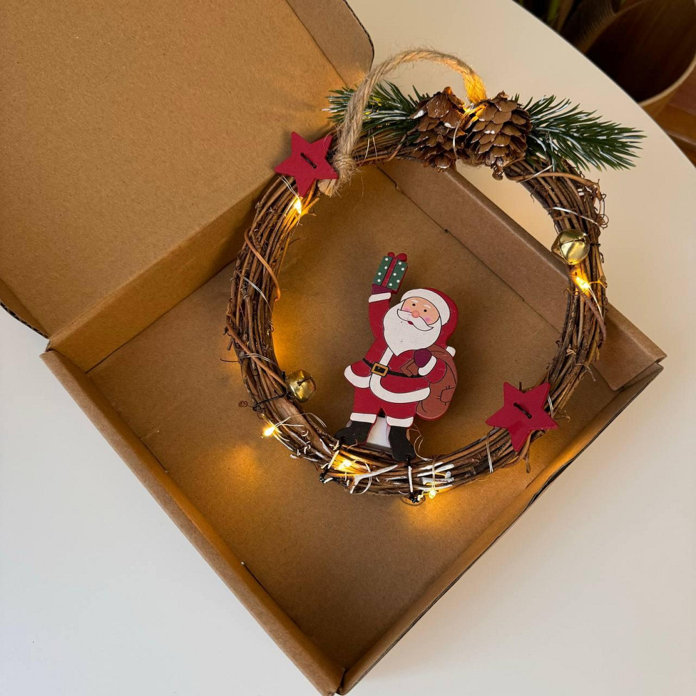 Рождественский венок из ротанги новогодний венок подвесной декор 18 см Niki Light LED от батареек дед мороз Киев - изображение 1