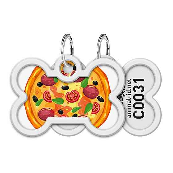 Адресник для собак і котів металевий WAUDOG Smart ID з QR паспортом, малюнок "Піца", кістка, Д 40 мм, Ш 28 мм Київ
