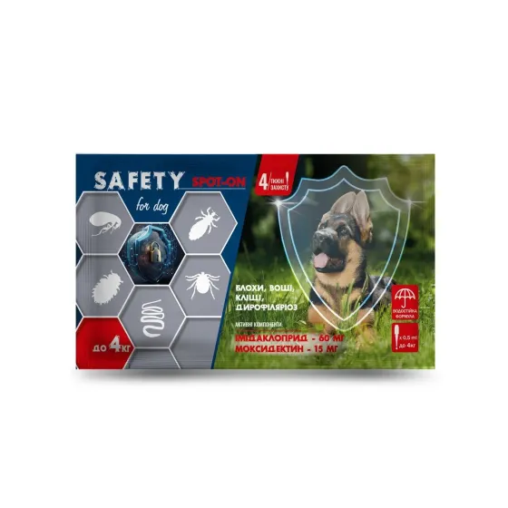 Противоразитарные капли SAFETY SPOT-ON для собак весом до 4 кг (0.5 мл) №1 пипетка Винница