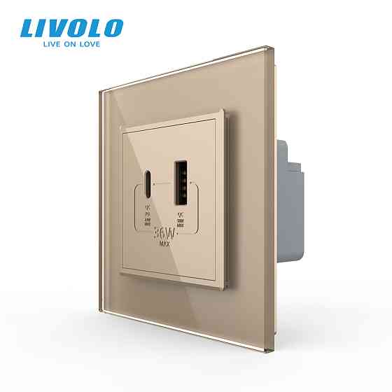 Розетка USB-A та USB-C з Power Delivery 36W Livolo золотий скло (VL-C7FCUA18W.UC18W-2AP) Коломыя
