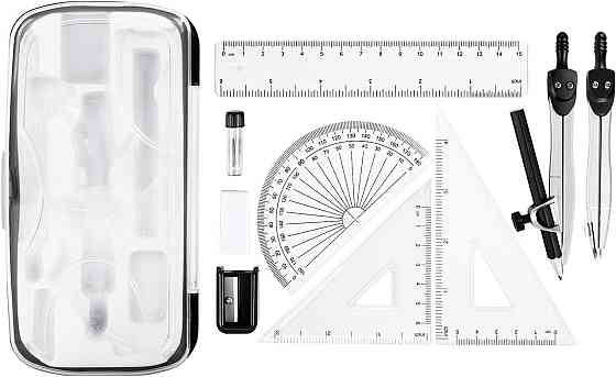 Набор для математики 10 предметов: металлический циркуль, линейка, транспортир, угольник, точилка, резинка в Киев