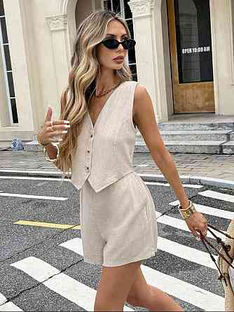 Женский базовый летний костюм двойка: жилет и шорты лен жатка 44/46, Бежевый Одесса