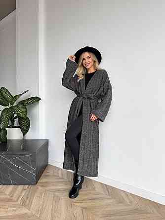 Жіночий довгий кардиган із поясом і кишенями. Чорно-білий, 42/44 Одеса