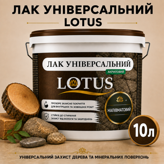 Лак універсальний акриловий LOTUS прозорий напівматовий без запаху зносостійкий для дерева, каменю, бетону та інших поверхонь 10 л Харків